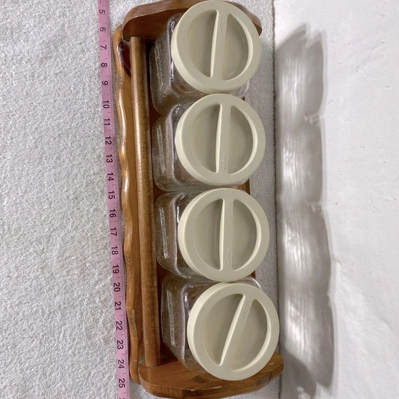 Vintage Primizie Glass Canister Set With Plastic Borgonovo Lids And Wood Tray - Picture 15 of 16
